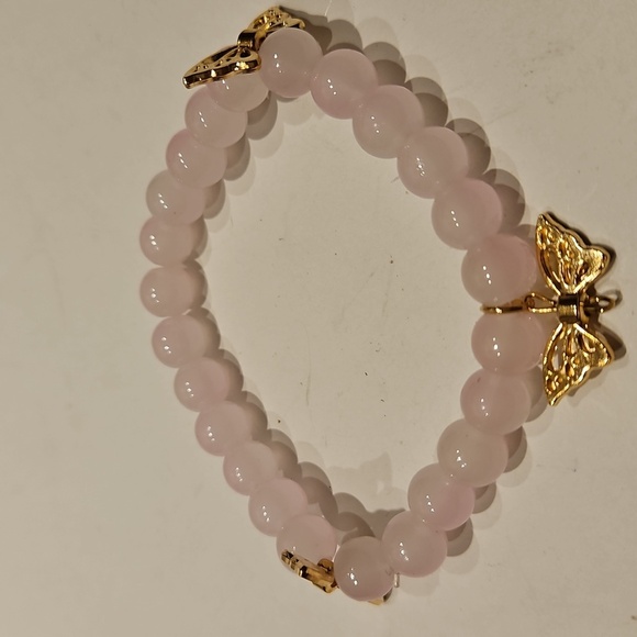 3 Pale Pink Glass, Crystal & Butterfly Accents Stretch Beaded Bracelet Set - Picture 5 of 7